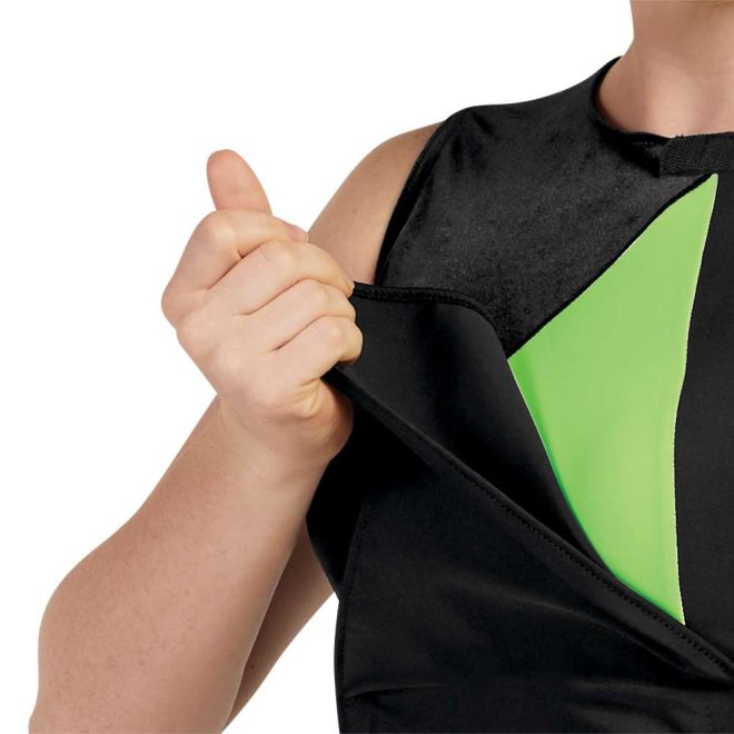 custom quickchange solid black to black and neon green sleeveless color guard uniform front view on model