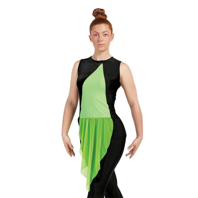 custom black and neon green sleeveless color guard uniform with black leggings front view on model