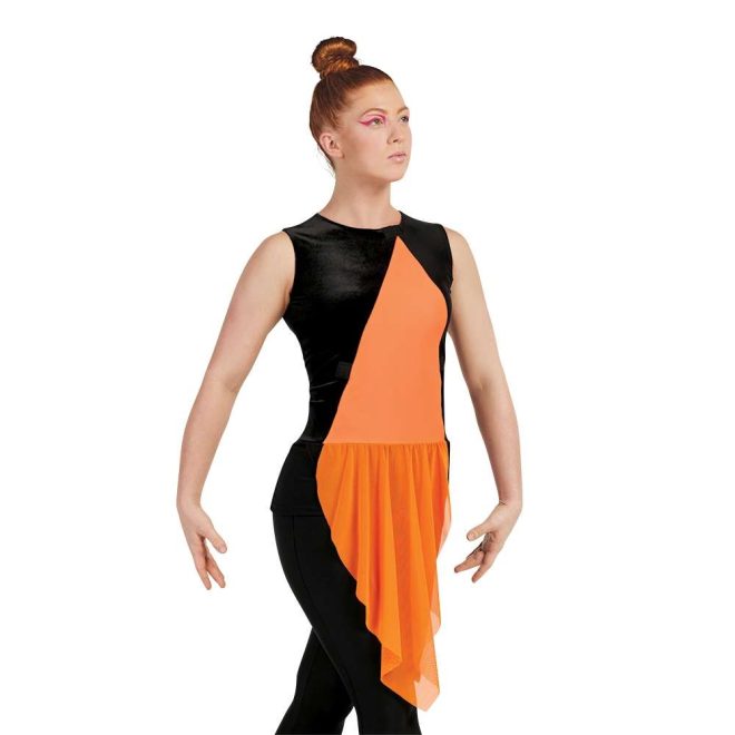 custom black and orange sleeveless color guard uniform with black leggings front view on model