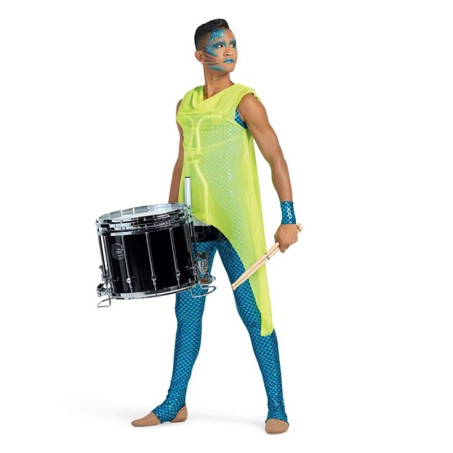custom blue and black scale sleeveless legging unitard and matching arm cuffs front view on model with yellow mesh asymmetric tank over color guard uniform with drum