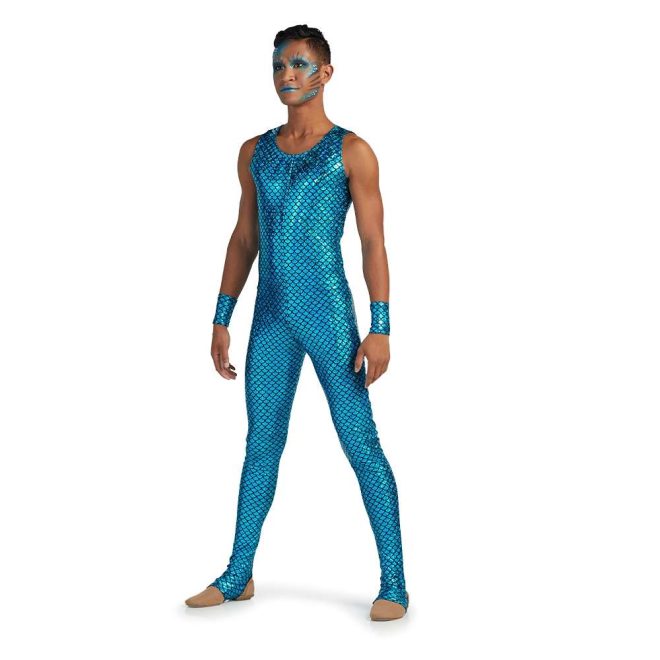 custom blue and black scale sleeveless legging unitard front view on model with matching arm cuffs color guard uniform. Fish look