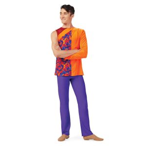 custom half orange with long sleeve and half multicolored sleeveless color guard uniform with purple pants front view on model