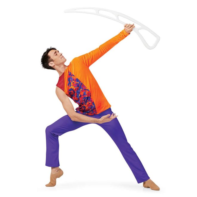 custom half orange with long sleeve and half multicolored sleeveless color guard uniform with purple pants front view on model holding white airblade