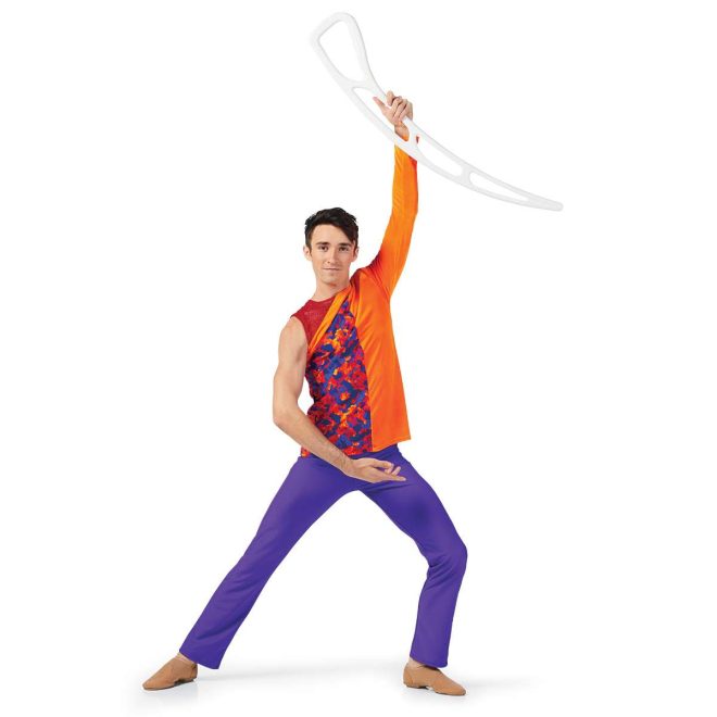 custom half orange with long sleeve and half multicolored sleeveless color guard uniform with purple pants front view on model holding white airblade