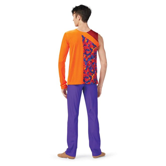 custom half orange with long sleeve and half multicolored sleeveless color guard uniform with purple pants back view on model