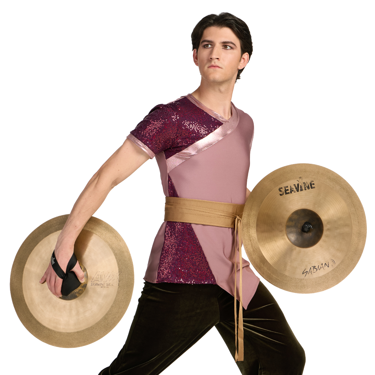 Mauve, burgundy, and sable custom short sleeve percussion top with tie-on belt and percussion pants, cymbals, cropped front right three-quarters detail.