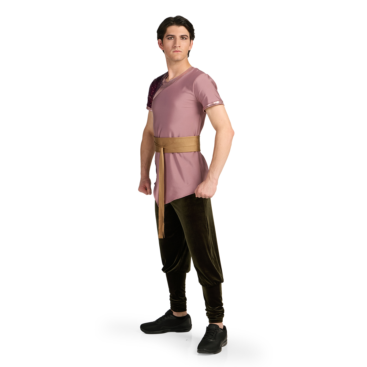 Mauve, burgundy, and sable custom short sleeve percussion top with tie-on belt and percussion pants, front left three-quarters view.