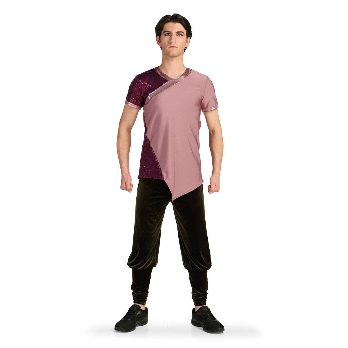 Mauve, burgundy, and sable custom short sleeve percussion top with pants, view view.