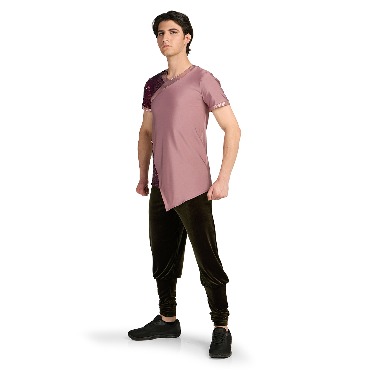 Mauve, burgundy, and sable custom short sleeve percussion top with pants, front left three-quarters view.