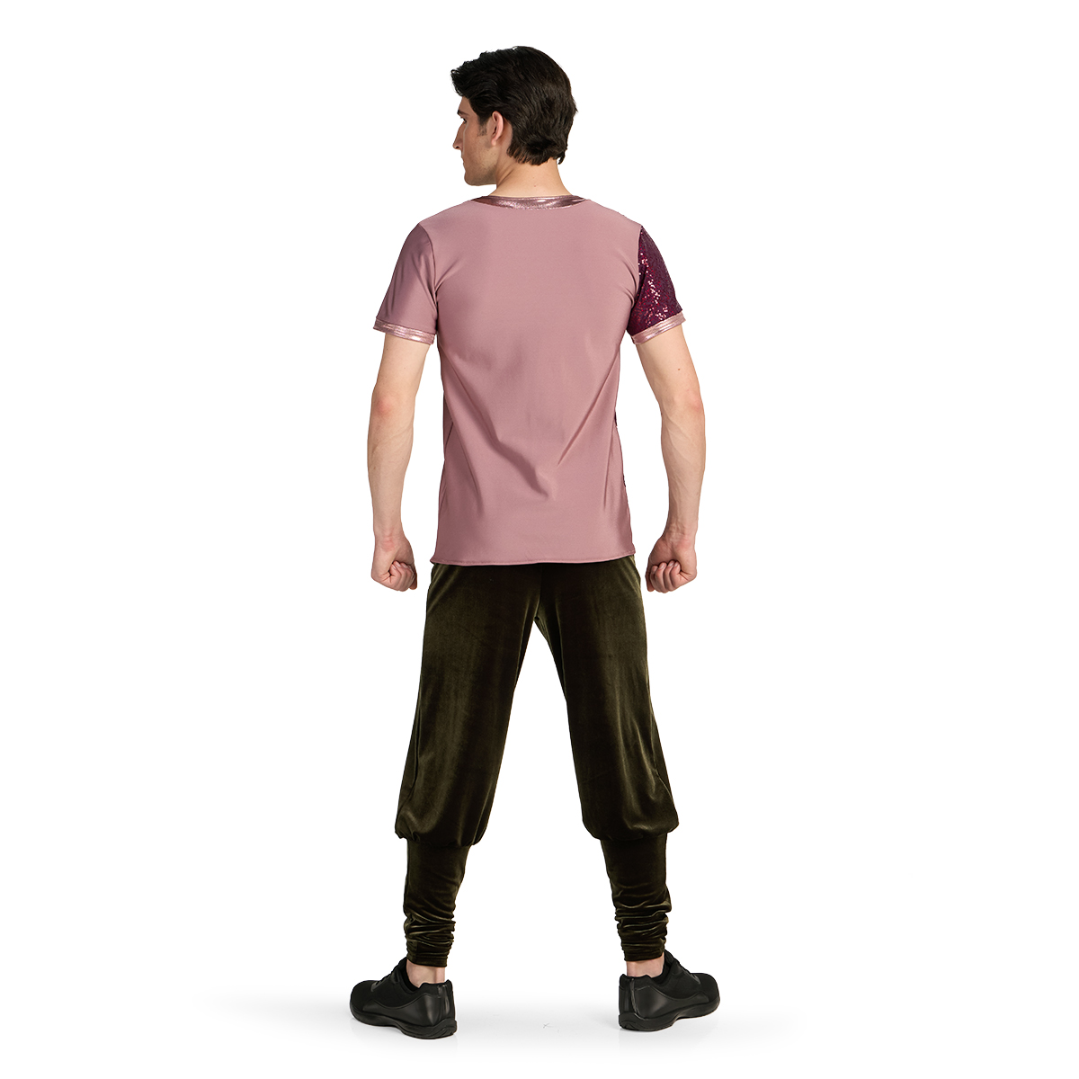 Mauve, burgundy, and sable custom short sleeve percussion top with pants, back view.