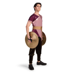 Mauve, burgundy, and sable custom short sleeve percussion top with tie-on belt and percussion pants, cymbals, front right three-quarters view.