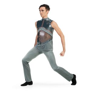 custom sleeveless silver color guard tunic with mesh cutouts and grey pants front view on model