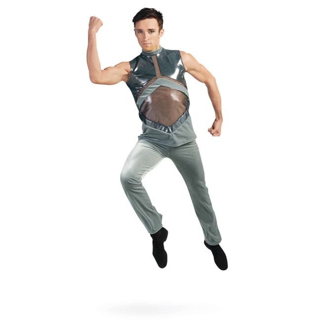 custom sleeveless silver color guard tunic with mesh cutouts and grey pants front view on model