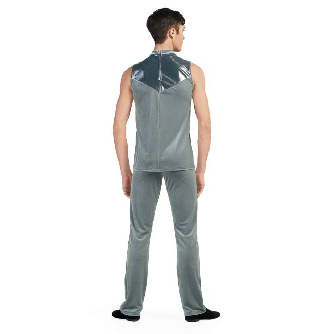 custom sleeveless silver color guard tunic and grey pants back view on model