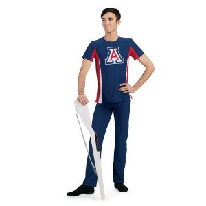 custom red, white and blue color guard short sleeve uniform front view on model with blue pants with rifle