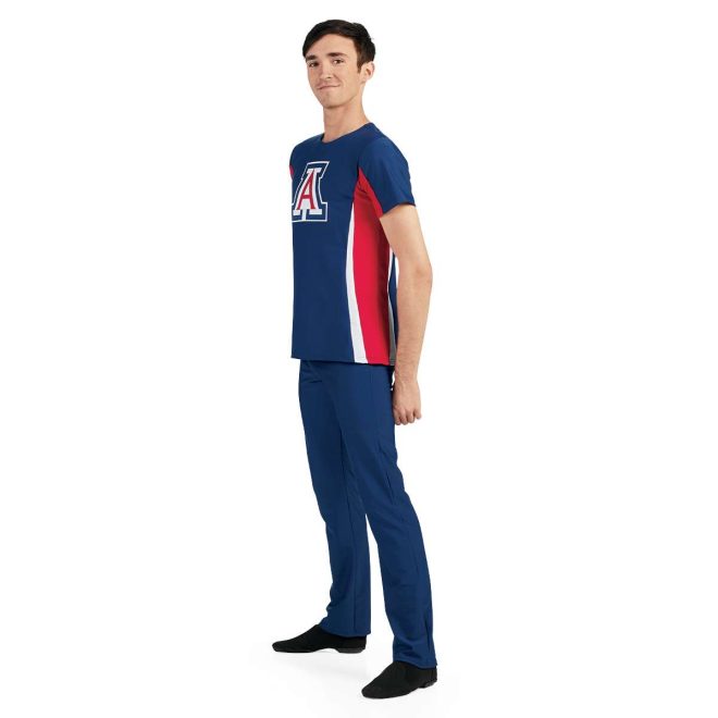 custom red, white and blue color guard short sleeve uniform front view on model with blue pants