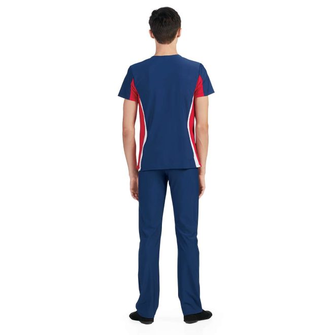 custom red, white and blue color guard short sleeve uniform back view on model with blue pants