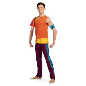 custom one puff sleeve one sleeveless orange and yellow color guard tunic with maroon pants and one turquoise arm band front view on model