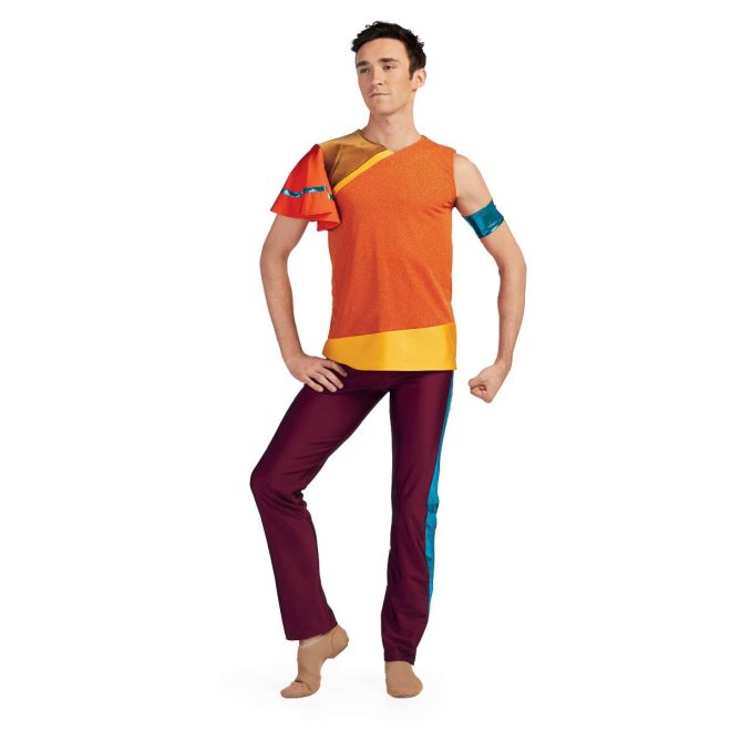 custom one puff sleeve one sleeveless orange and yellow color guard tunic with maroon pants and one turquoise arm band front view on model