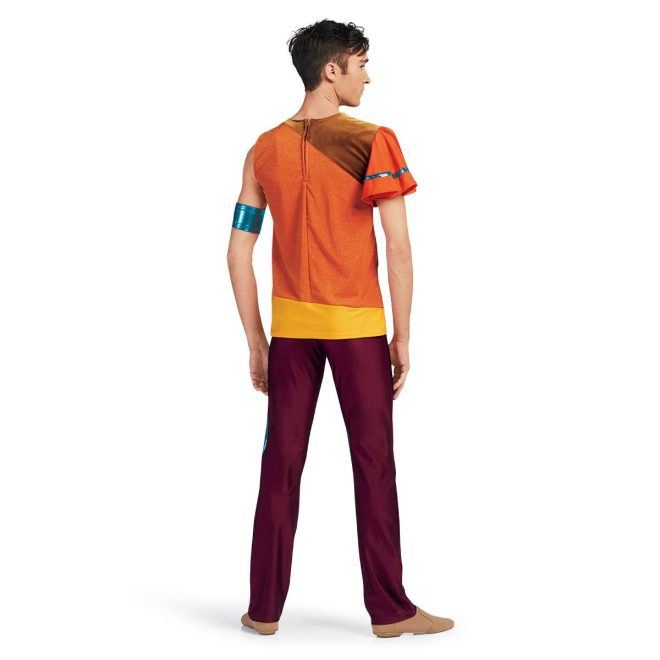 custom one puff sleeve one sleeveless orange and yellow color guard tunic with maroon pants and one turquoise arm band back view on model
