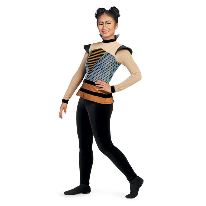 custom Long Sleeve Tunic with Wings and Stand-up Collar in black, tan, orange, and silver paired with black leggings front view on model