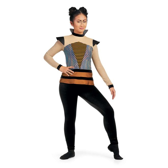 custom Long Sleeve Tunic with Wings and Stand-up Collar in black, tan, orange, and silver paired with black leggings front view on model