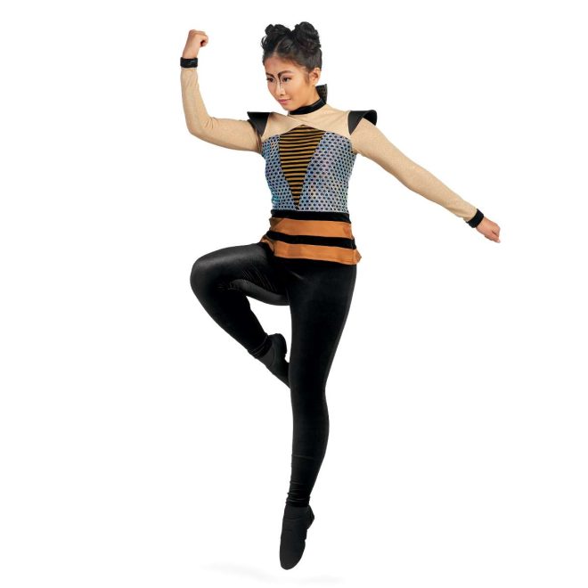 custom Long Sleeve Tunic with Wings and Stand-up Collar in black, tan, orange, and silver paired with black leggings front view on model