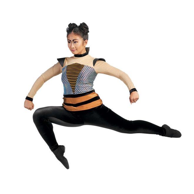 custom Long Sleeve Tunic with Wings and Stand-up Collar in black, tan, orange, and silver paired with black leggings front view on model