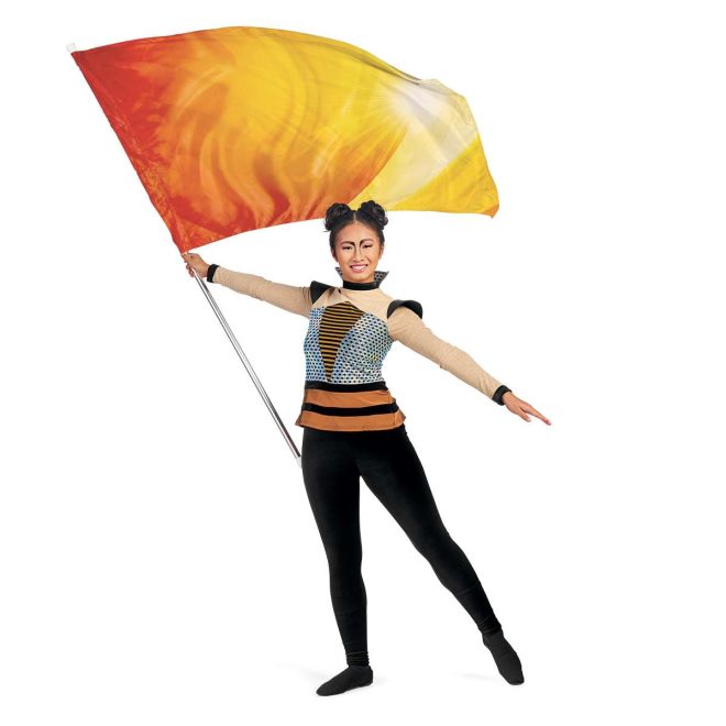 custom Long Sleeve Tunic with Wings and Stand-up Collar in black, tan, orange, and silver paired with black leggings front view on model with orange and yellow flag