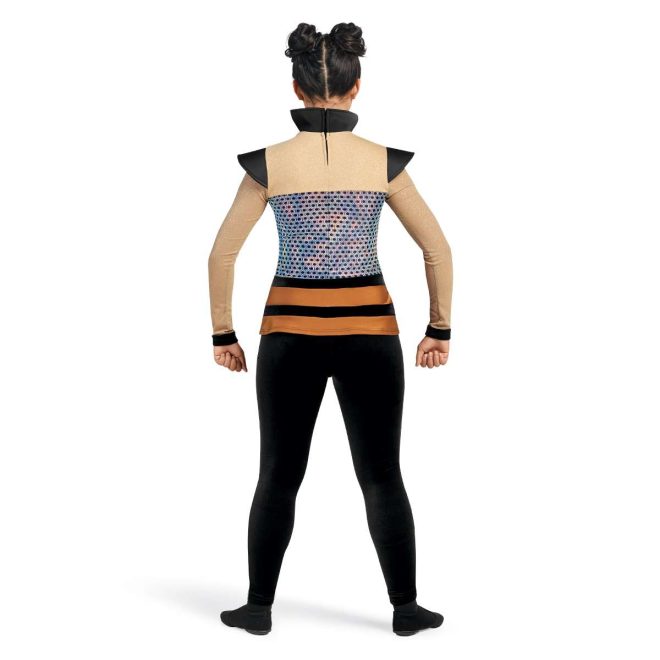 custom Long Sleeve Tunic with Wings and Stand-up Collar in black, tan, orange, and silver paired with black leggings back view on model