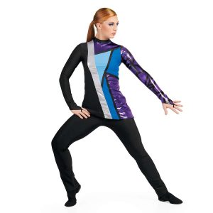custom long sleeve black asymmetric color guard uniform with one purple and black sleeve and blue and purple geometric shapes paired with black pants front view on model