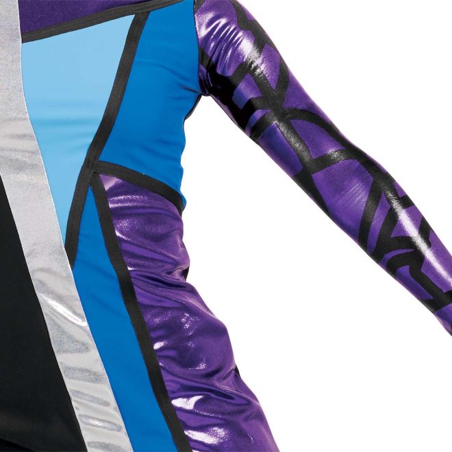 custom long sleeve black asymmetric color guard uniform with one purple and black sleeve and blue and purple geometric shapes paired with black pants front view on model