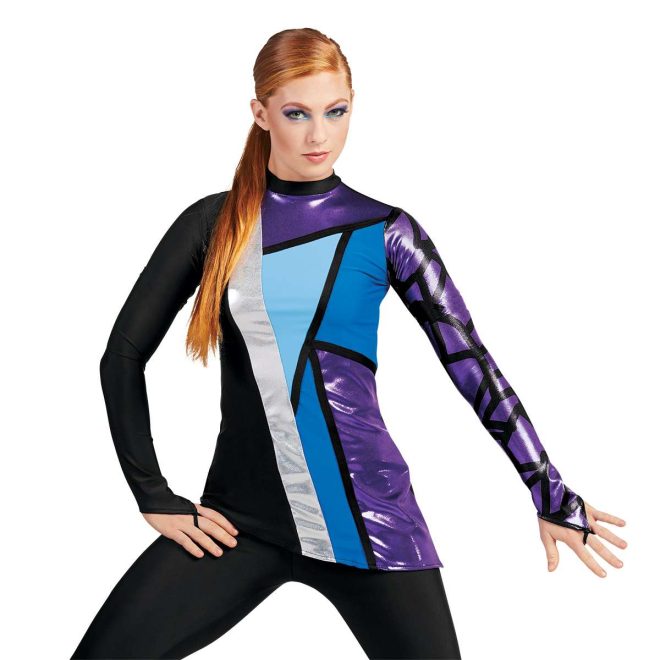 custom long sleeve black asymmetric color guard uniform with one purple and black sleeve and blue and purple geometric shapes paired with black pants front view on model