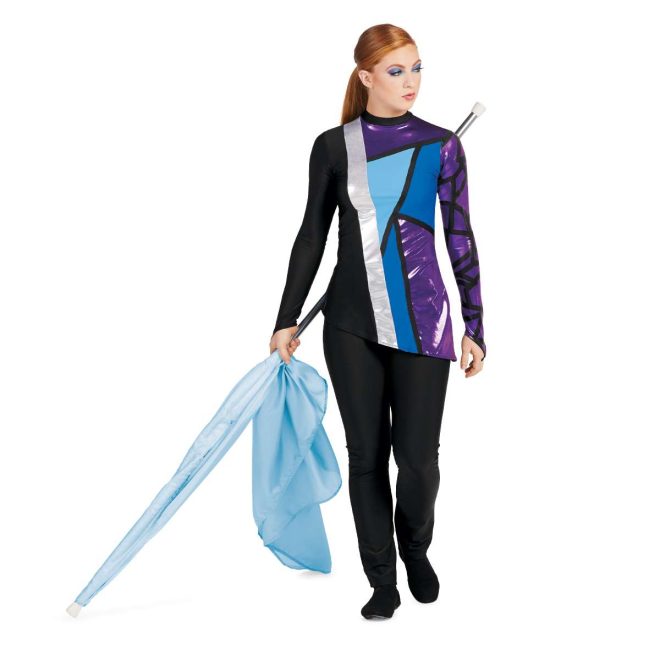 custom long sleeve black asymmetric color guard uniform with one purple and black sleeve and blue and purple geometric shapes paired with black pants front view on model holding blue flag
