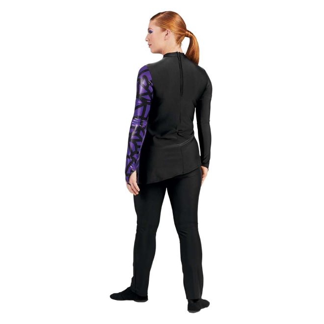 custom long sleeve black asymmetric color guard uniform with one purple and black sleeve paired with black pants back view on model