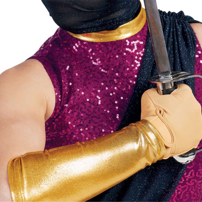 custom gold arm mitts with magenta sparkle top and navy sparkle scarf color guard uniform on performer holding sabre front view