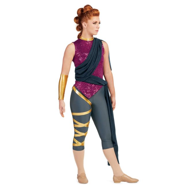 custom magenta sparkle top with navy scarf with grey and gold capri leggings color guard uniform on performer back view