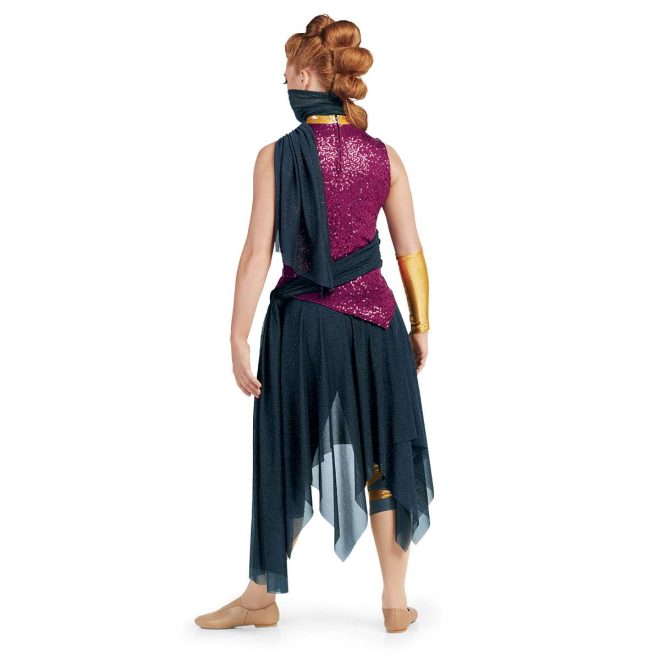custom magenta sparkle top with navy skirt and scarf color guard uniform on performer back view