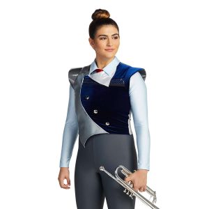 Custom light blue long sleeve top and grey pants marching band unitard front view with red tie, navy, dark and light grey sleeveless shirt over holding instrument