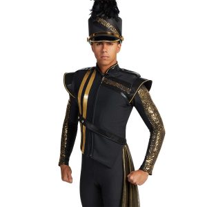 Custom sleeveless black with gold trim marching band uniform. Front view with black and sequin gold long sleeve undershirt, black pants and shako and gold drop off left hip