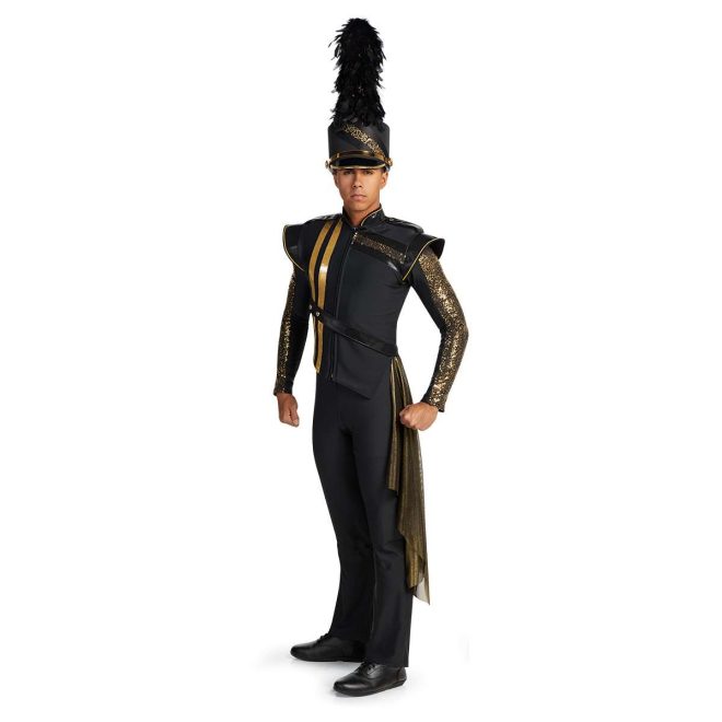 Custom sleeveless black with gold trim marching band uniform. Front view with black and sequin gold long sleeve undershirt, black pants and shako and gold drop off left hip