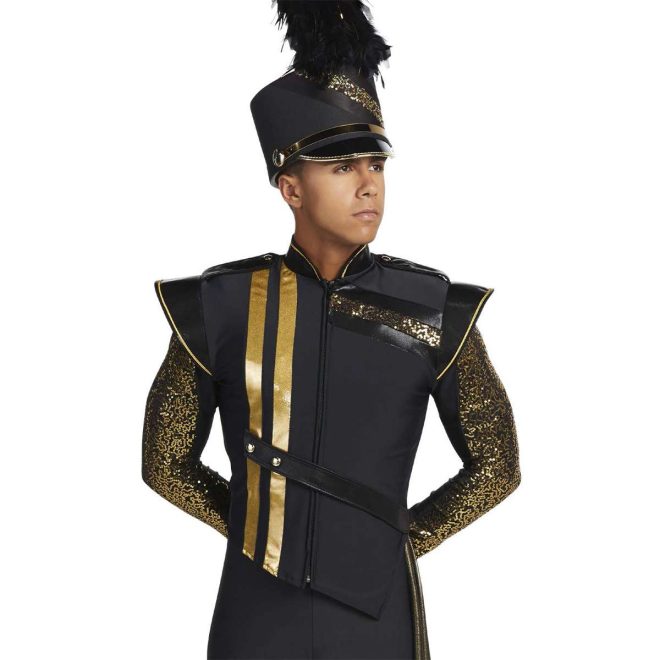 Custom sleeveless black with gold trim marching band uniform. Front view with black and sequin gold long sleeve undershirt, black pants and shako and gold drop off left hip