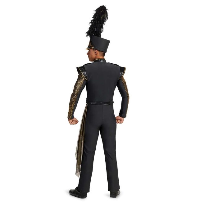 Custom sleeveless black with gold trim marching band uniform. Back view with black and sequin gold long sleeve undershirt, black pants and shako and gold drop off left hip