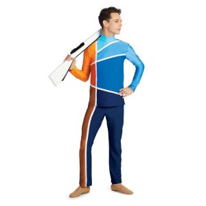 custom navy, orange, brown and blue long sleeve color guard tunic with one blue sleeve and one orange sleeve with navy pants with brown stripe front view on model holding rifle