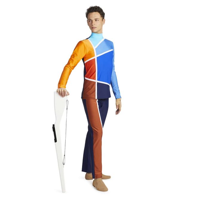 custom navy, orange, brown and blue long sleeve color guard tunic with one blue sleeve and one orange sleeve with navy pants with brown stripe front view on model holding rifle