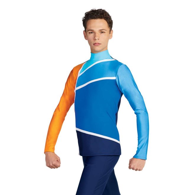 custom navy and blue long sleeve color guard tunic with one blue sleeve and one orange sleeve with navy pants front view on model