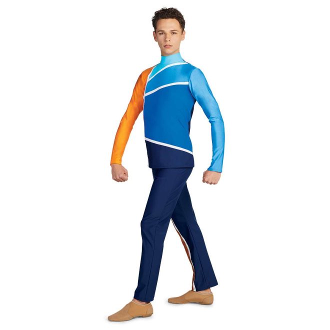 custom navy and blue long sleeve color guard tunic with one blue sleeve and one orange sleeve with navy pants front view on model