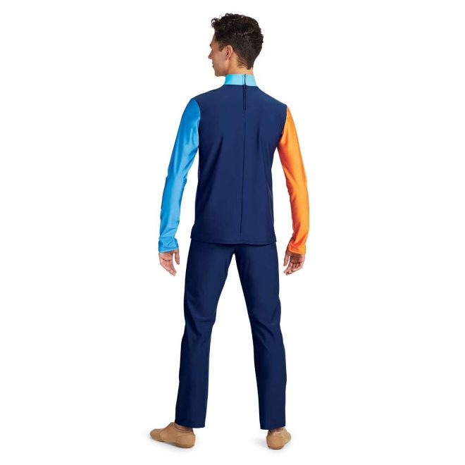 custom navy long sleeve color guard tunic with one blue sleeve and one orange sleeve with navy pants back view on model
