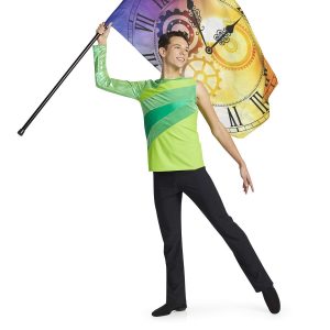 custom green one long sleeve one sleeveless color guard tunic with black pants front view on model holding colorful clock flag
