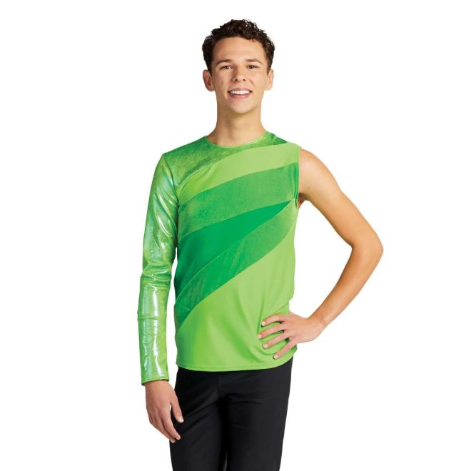 custom green one long sleeve one sleeveless color guard tunic with black pants front view on model